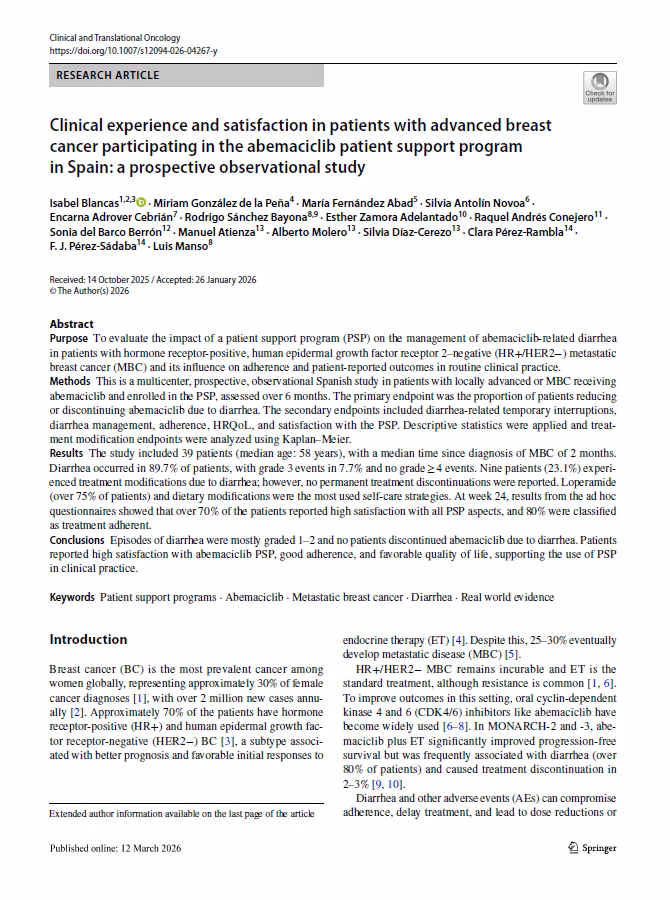 Clinical experience and satisfaction in patients with advanced breast cancer participating in the abemaciclib patient support program in Spain.