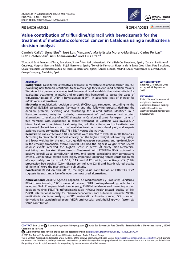 Value contribution of trifluridine-tipiracil with bevacizumab for the treatment of metastatic colorectal cancer in Catalonia using a Multi-Criteria Decision Analysis